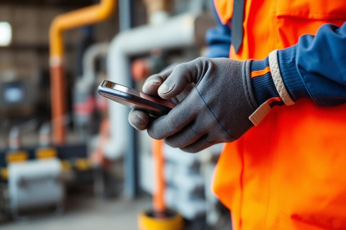 Maintenance technician logging a work order on a phone